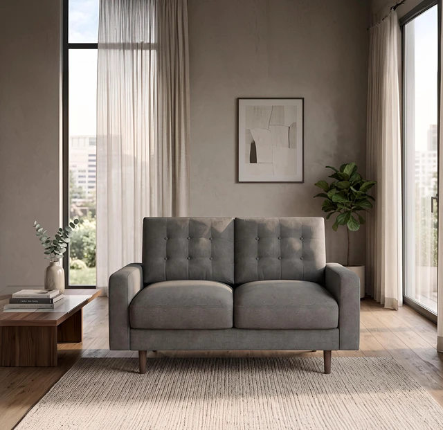Alt view image 3 of 6 - Mid-Century Loveseat Sofa, Tufted Back Polyester Upholstered 2 Seat Couch with Solid Wood Legs for Small Spaces, Grey