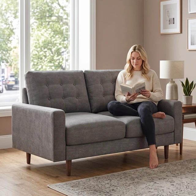 Alt view image 5 of 6 - Mid-Century Loveseat Sofa, Tufted Back Polyester Upholstered 2 Seat Couch with Solid Wood Legs for Small Spaces, Grey
