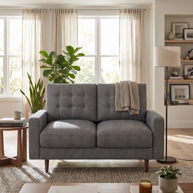 Alt view image 6 of 6 - Mid-Century Loveseat Sofa, Tufted Back Polyester Upholstered 2 Seat Couch with Solid Wood Legs for Small Spaces, Grey