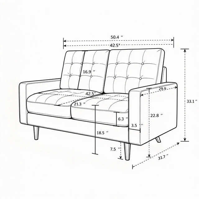 Alt view image 2 of 7 - Mid-Century Loveseat Sofa, Tufted Back Polyester Upholstered 2 Seat Couch with Solid Wood Legs for Small Spaces, Beige