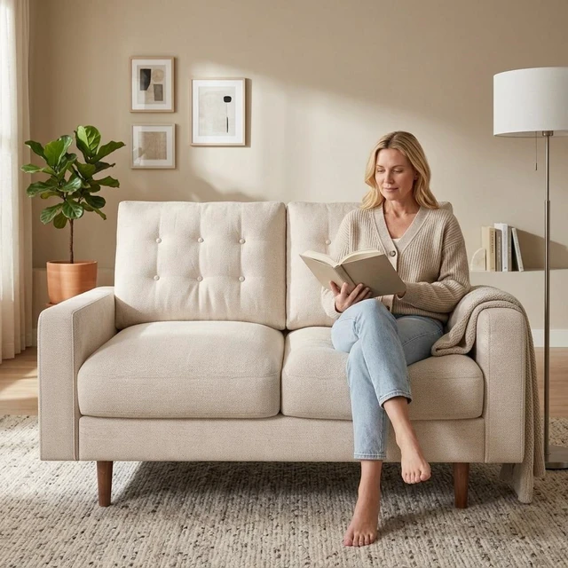 Alt view image 5 of 7 - Mid-Century Loveseat Sofa, Tufted Back Polyester Upholstered 2 Seat Couch with Solid Wood Legs for Small Spaces, Beige