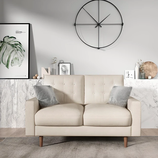 Alt view image 4 of 7 - Mid-Century Loveseat Sofa, Tufted Back Polyester Upholstered 2 Seat Couch with Solid Wood Legs for Small Spaces, Beige