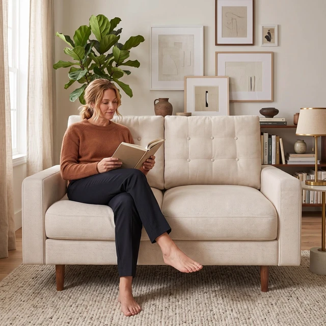 Alt view image 6 of 7 - Mid-Century Loveseat Sofa, Tufted Back Polyester Upholstered 2 Seat Couch with Solid Wood Legs for Small Spaces, Beige
