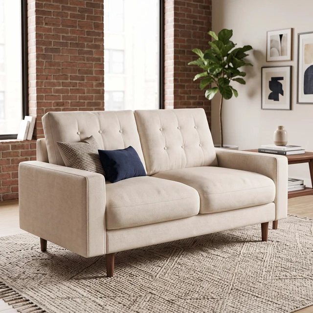 Alt view image 7 of 7 - Mid-Century Loveseat Sofa, Tufted Back Polyester Upholstered 2 Seat Couch with Solid Wood Legs for Small Spaces, Beige