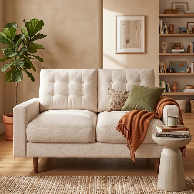 Alt view image 3 of 7 - Mid-Century Loveseat Sofa, Tufted Back Polyester Upholstered 2 Seat Couch with Solid Wood Legs for Small Spaces, Beige