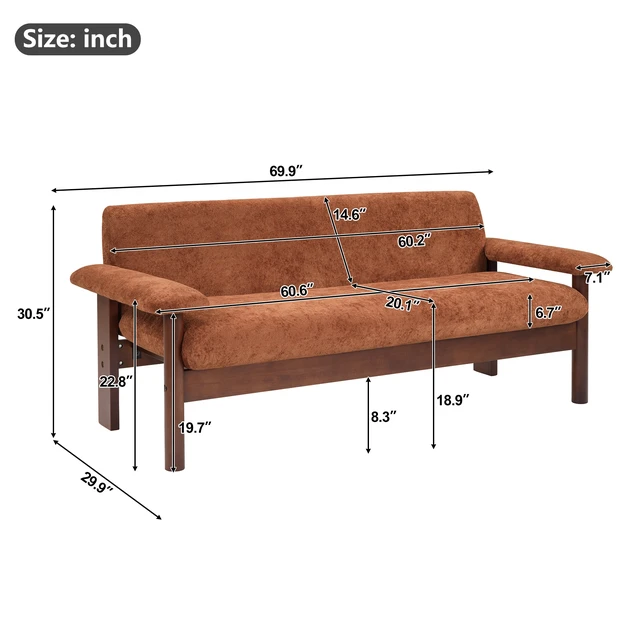 Alt view image 2 of 6 - 69.9 Inch Sofa Chenille Upholstered Couch with Pillow Top Arms and Sewn Pillow Back Rubberwood Legs Single Cushion Sofa