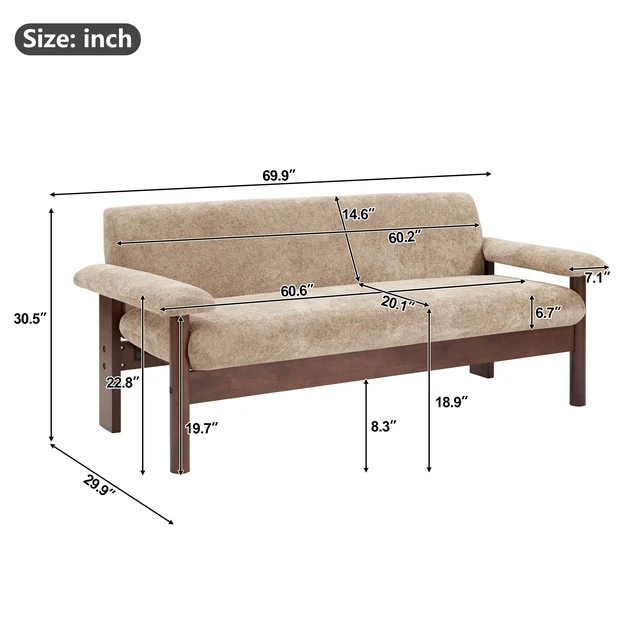 Alt view image 2 of 7 - 69.9 Inch Sofa Chenille Upholstered Couch with Pillow Top Arms and Sewn Pillow Back Rubberwood Legs Single Cushion Sofa