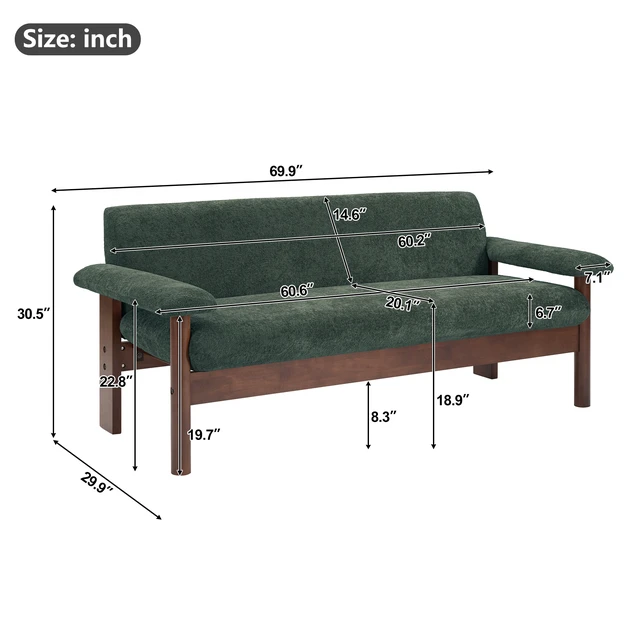 Alt view image 2 of 6 - 69.9 Inch Sofa Chenille Upholstered Couch with Pillow Top Arms and Sewn Pillow Back Rubberwood Legs Single Cushion Sofa