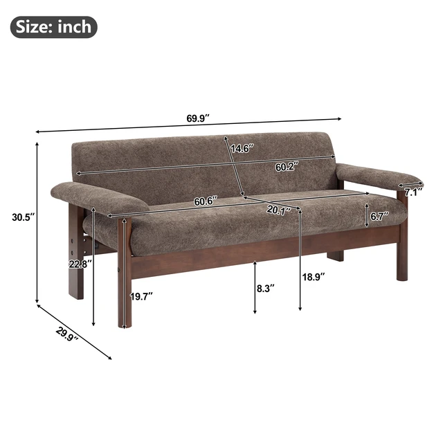 Alt view image 2 of 7 - 69.9 Inch Sofa Chenille Upholstered Couch with Pillow Top Arms and Sewn Pillow Back Rubberwood Legs Single Cushion Sofa