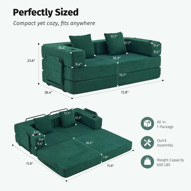 Main image of Modular Convertible Sofa Bed with Built in Cup Holders, Heavy Duty Iron Frame Corduroy Fabric Stackable Space Saving