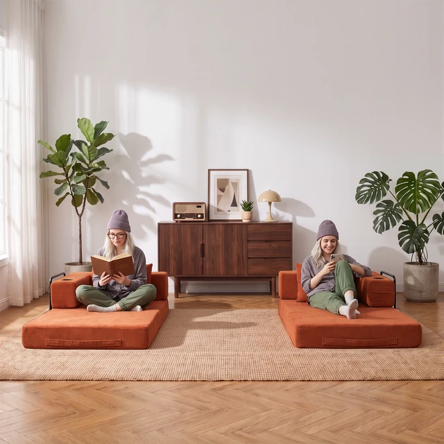 Alt view image 2 of 2 - Modular Convertible Sofa Bed with Built in Cup Holders, Heavy Duty Iron Frame Corduroy Fabric Stackable Space Saving