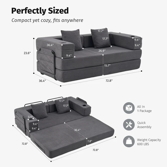 Main image of Modular Convertible Sofa Bed with Built in Cup Holders, Heavy Duty Iron Frame Corduroy Fabric Stackable Space Saving