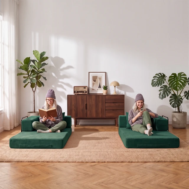 Alt view image 2 of 2 - Modular Convertible Sofa Bed with Built in Cup Holders, Heavy Duty Iron Frame Corduroy Fabric Stackable Space Saving