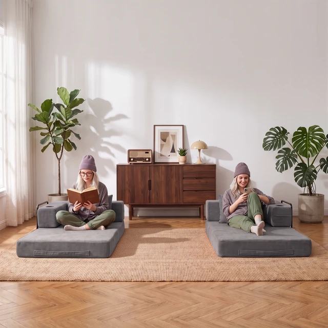Alt view image 3 of 3 - Modular Convertible Sofa Bed with Built in Cup Holders, Heavy Duty Iron Frame Corduroy Fabric Stackable Space Saving