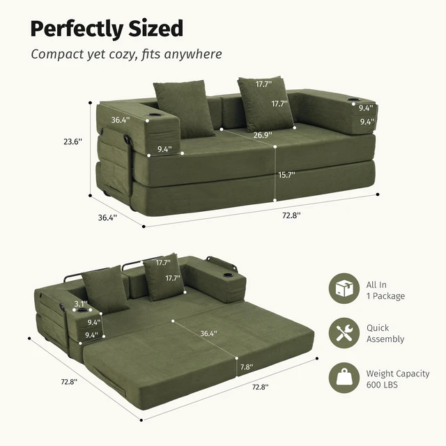 Main image of Modular Convertible Sofa Bed with Built in Cup Holders, Heavy Duty Iron Frame Corduroy Fabric Stackable Space Saving