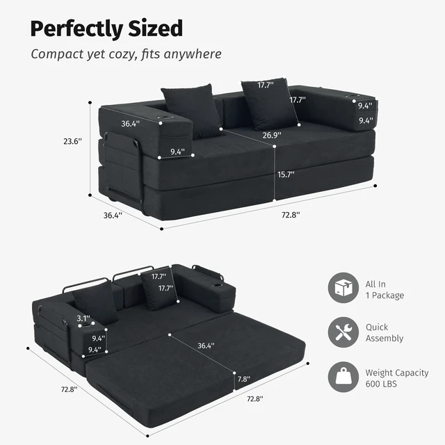 Main image of Modular Convertible Sofa Bed with Built in Cup Holders, Heavy Duty Iron Frame Corduroy Fabric Stackable Space Saving