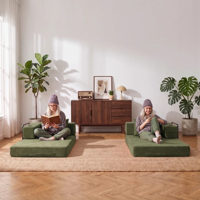 Alt view image 2 of 2 - Modular Convertible Sofa Bed with Built in Cup Holders, Heavy Duty Iron Frame Corduroy Fabric Stackable Space Saving