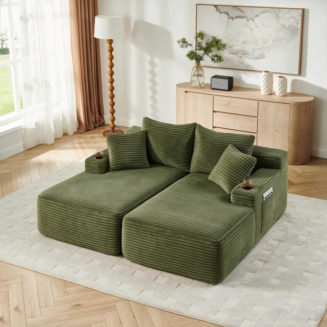 Main image of Compressible Double Chaise Lounge with Cupholders Assembly Required, Fluffy Sleeper Loveseat for Indoor Living Reading