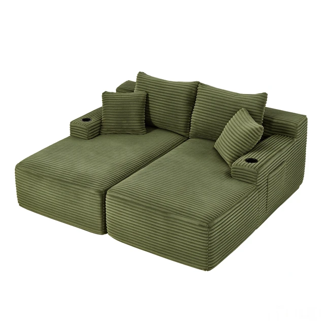 Alt view image 4 of 7 - Compressible Double Chaise Lounge with Cupholders Assembly Required, Fluffy Sleeper Loveseat for Indoor Living Reading