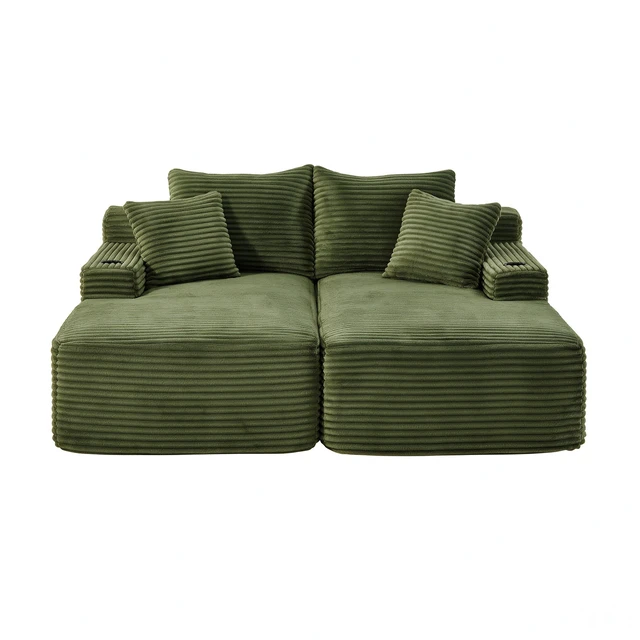 Alt view image 3 of 7 - Compressible Double Chaise Lounge with Cupholders Assembly Required, Fluffy Sleeper Loveseat for Indoor Living Reading