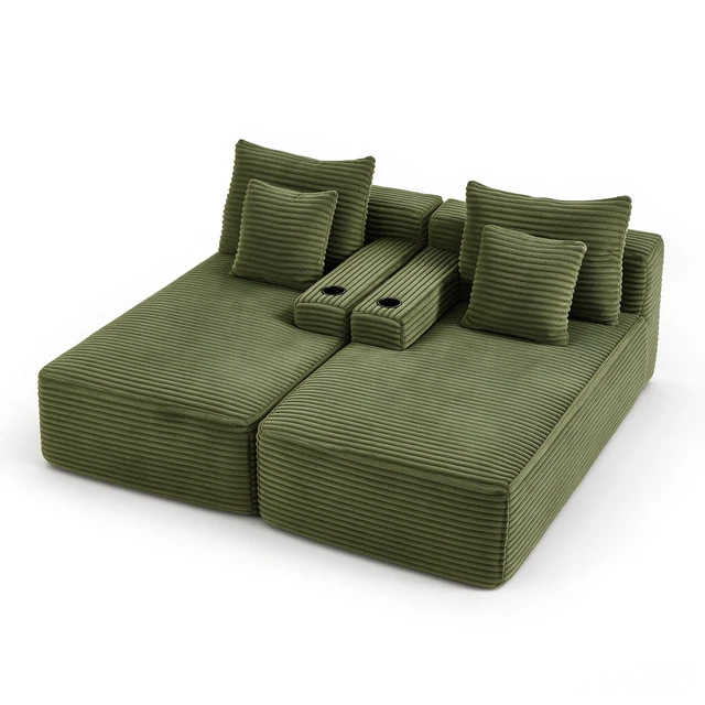 Alt view image 2 of 7 - Compressible Double Chaise Lounge with Cupholders Assembly Required, Fluffy Sleeper Loveseat for Indoor Living Reading