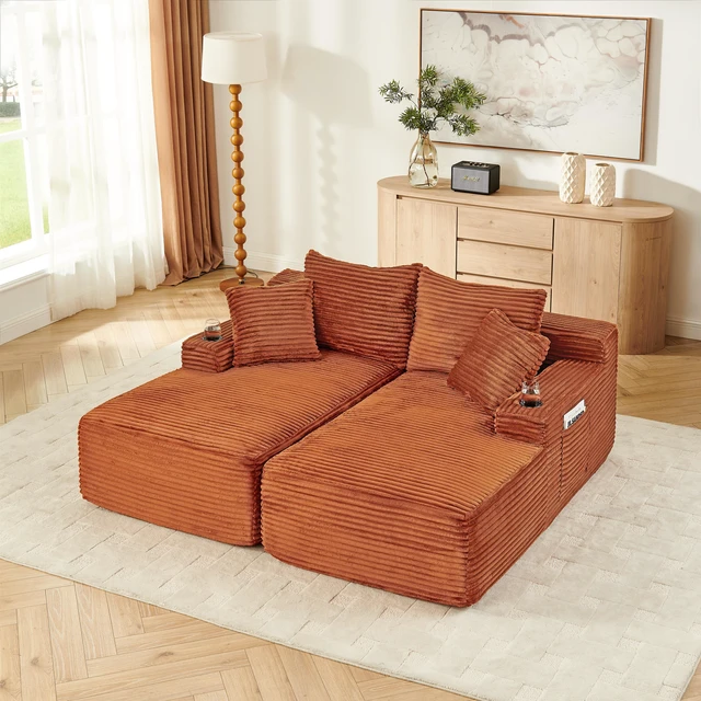 Main image of Compressible Double Chaise Lounge with Cupholders Assembly Required, Fluffy Sleeper Loveseat for Indoor Living Reading