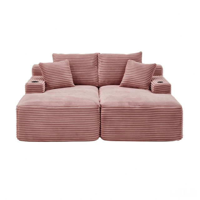 Alt view image 2 of 7 - Compressible Double Chaise Lounge with Cupholders Assembly Required, Fluffy Sleeper Loveseat for Indoor Living Reading