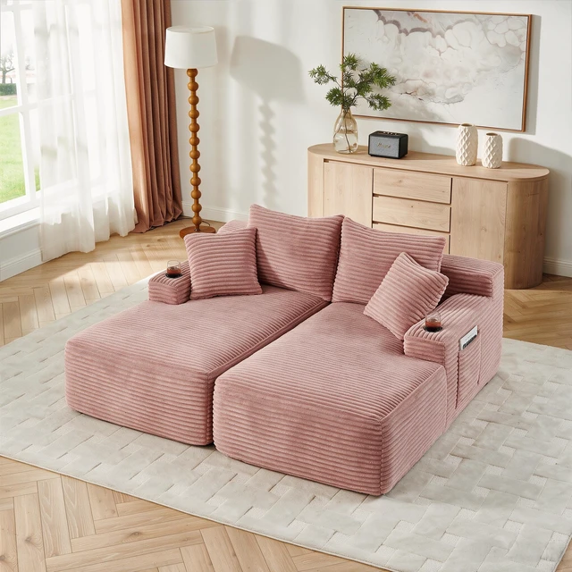 Main image of Compressible Double Chaise Lounge with Cupholders Assembly Required, Fluffy Sleeper Loveseat for Indoor Living Reading