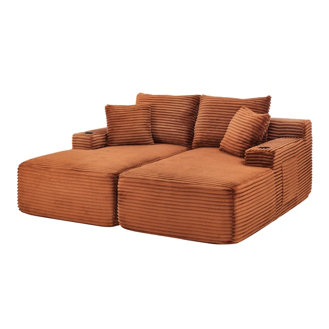 Alt view image 7 of 7 - Compressible Double Chaise Lounge with Cupholders Assembly Required, Fluffy Sleeper Loveseat for Indoor Living Reading