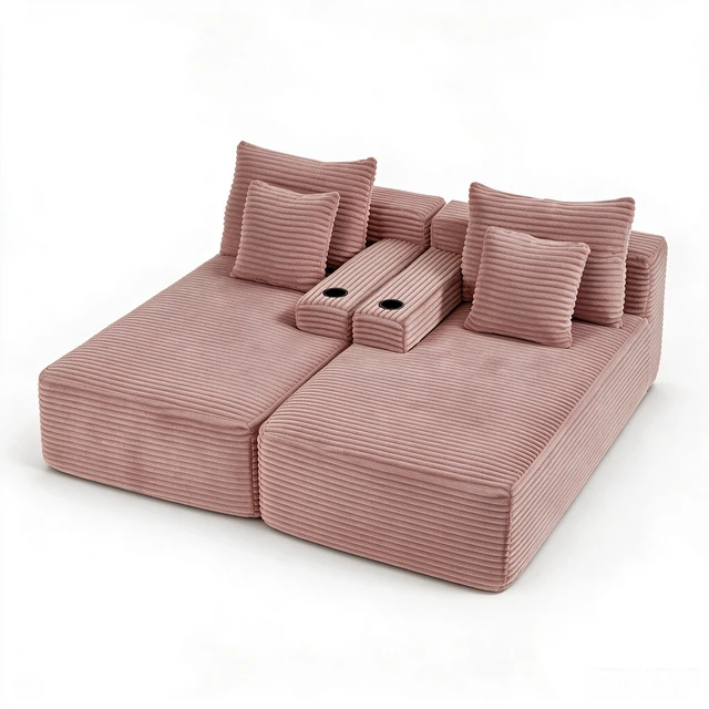 Alt view image 4 of 7 - Compressible Double Chaise Lounge with Cupholders Assembly Required, Fluffy Sleeper Loveseat for Indoor Living Reading