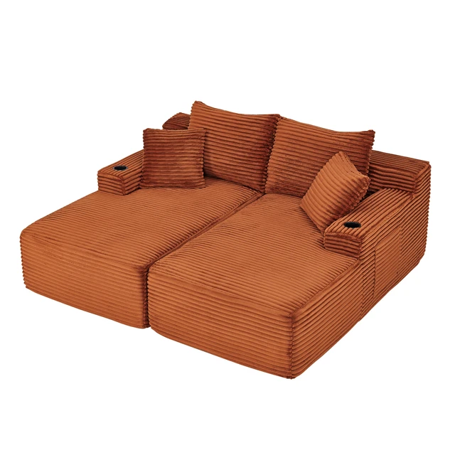 Alt view image 5 of 7 - Compressible Double Chaise Lounge with Cupholders Assembly Required, Fluffy Sleeper Loveseat for Indoor Living Reading