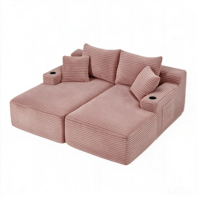 Alt view image 6 of 7 - Compressible Double Chaise Lounge with Cupholders Assembly Required, Fluffy Sleeper Loveseat for Indoor Living Reading