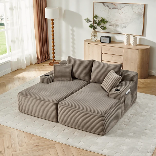 Main image of Compressible Double Chaise Lounge with Cupholders Assembly Required, Fluffy Sleeper Loveseat for Indoor Living Reading