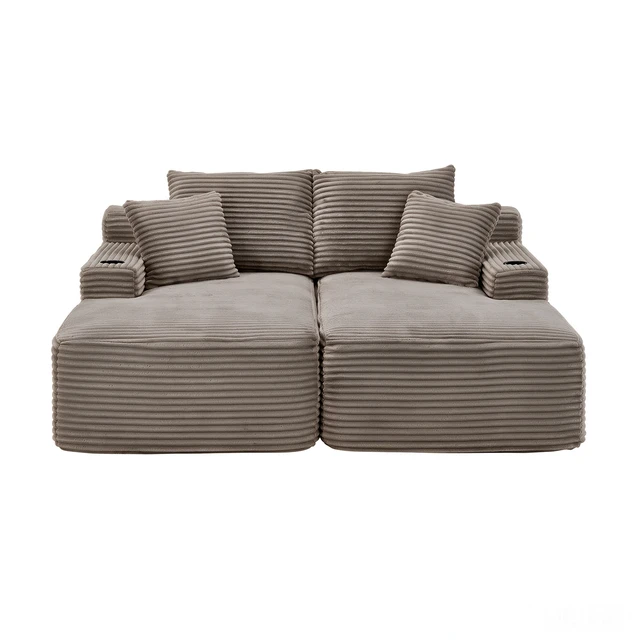 Alt view image 2 of 7 - Compressible Double Chaise Lounge with Cupholders Assembly Required, Fluffy Sleeper Loveseat for Indoor Living Reading