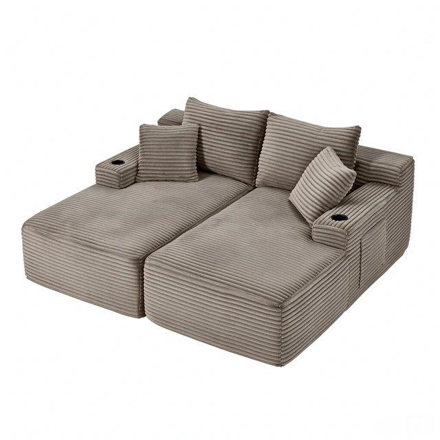 Alt view image 7 of 7 - Compressible Double Chaise Lounge with Cupholders Assembly Required, Fluffy Sleeper Loveseat for Indoor Living Reading