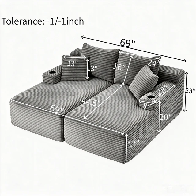 Alt view image 7 of 7 - Compressible Double Chaise Lounge with Cupholders Assembly Required, Fluffy Sleeper Loveseat for Indoor Living Reading