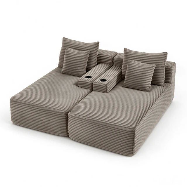 Alt view image 6 of 7 - Compressible Double Chaise Lounge with Cupholders Assembly Required, Fluffy Sleeper Loveseat for Indoor Living Reading