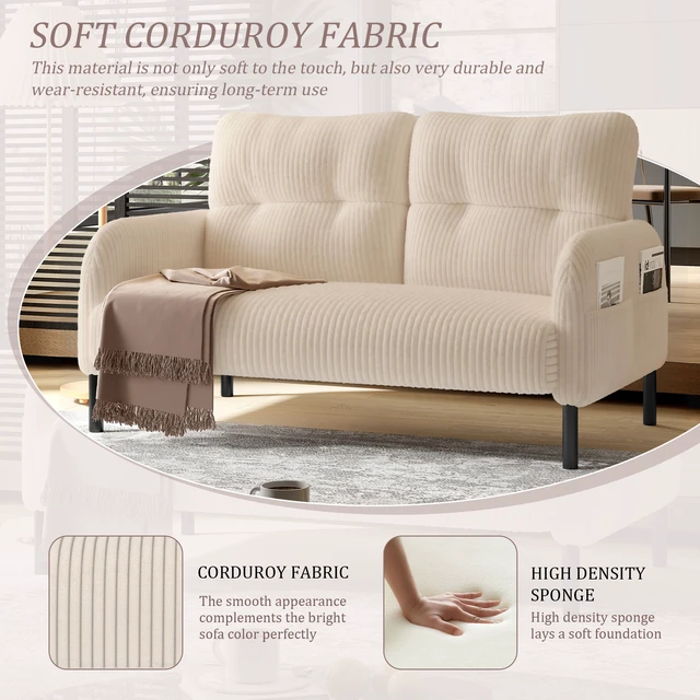 Alt view image 2 of 5 - Corduroy Fabric, Monochrome Double Sofa Suitable for Living and Bedrooms, Beige, Loveseats