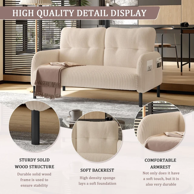 Main image of Corduroy Fabric, Monochrome Double Sofa Suitable for Living and Bedrooms, Beige, Loveseats