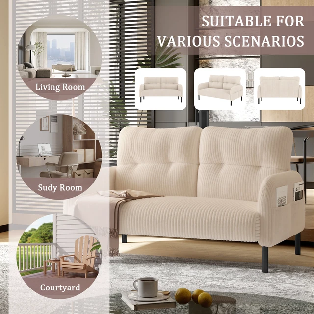 Alt view image 4 of 5 - Corduroy Fabric, Monochrome Double Sofa Suitable for Living and Bedrooms, Beige, Loveseats