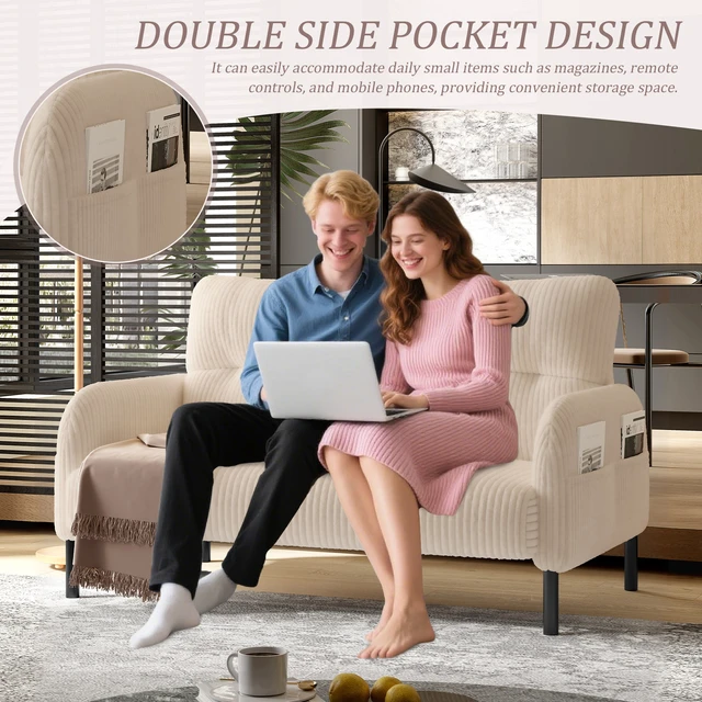Alt view image 5 of 5 - Corduroy Fabric, Monochrome Double Sofa Suitable for Living and Bedrooms, Beige, Loveseats