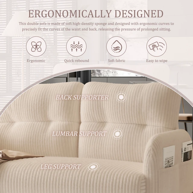 Alt view image 3 of 5 - Corduroy Fabric, Monochrome Double Sofa Suitable for Living and Bedrooms, Beige, Loveseats