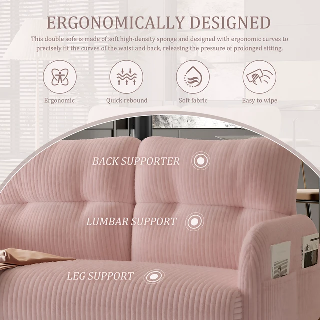 Alt view image 3 of 5 - Corduroy Fabric, Monochrome Double Sofa Suitable for Living and Bedrooms, Pink, Loveseats