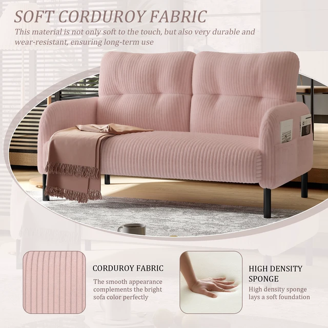 Alt view image 2 of 5 - Corduroy Fabric, Monochrome Double Sofa Suitable for Living and Bedrooms, Pink, Loveseats