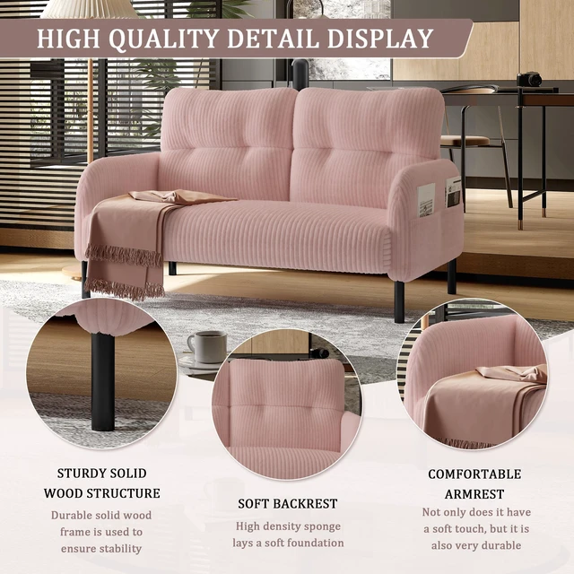 Main image of Corduroy Fabric, Monochrome Double Sofa Suitable for Living and Bedrooms, Pink, Loveseats
