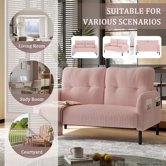Alt view image 4 of 5 - Corduroy Fabric, Monochrome Double Sofa Suitable for Living and Bedrooms, Pink, Loveseats