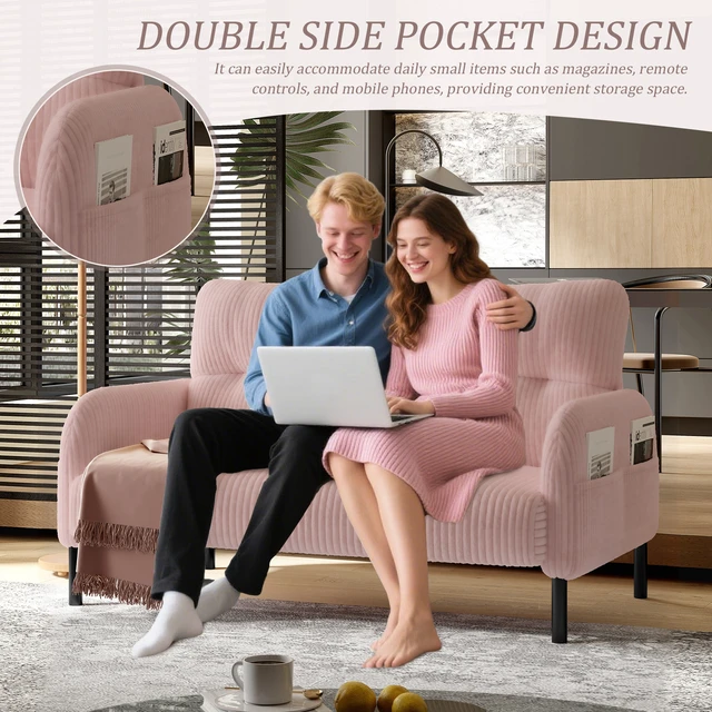 Alt view image 5 of 5 - Corduroy Fabric, Monochrome Double Sofa Suitable for Living and Bedrooms, Pink, Loveseats