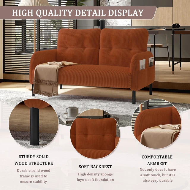 Main image of Corduroy Fabric, Monochrome Double Sofa Suitable for Living and Bedrooms, Orange, Loveseats