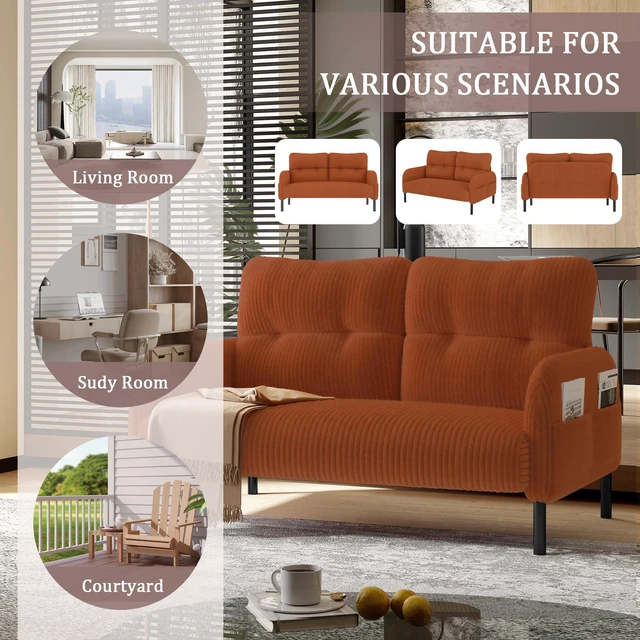 Alt view image 4 of 5 - Corduroy Fabric, Monochrome Double Sofa Suitable for Living and Bedrooms, Orange, Loveseats