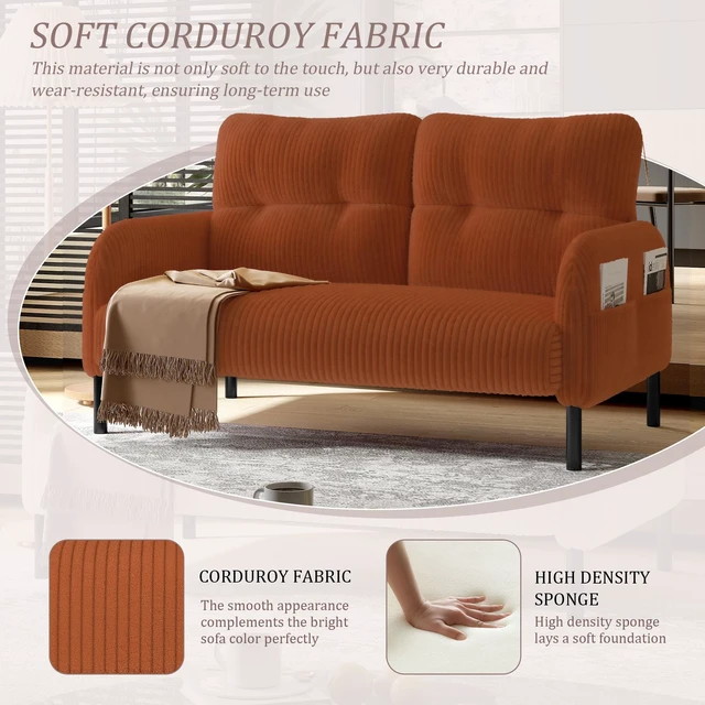 Alt view image 2 of 5 - Corduroy Fabric, Monochrome Double Sofa Suitable for Living and Bedrooms, Orange, Loveseats